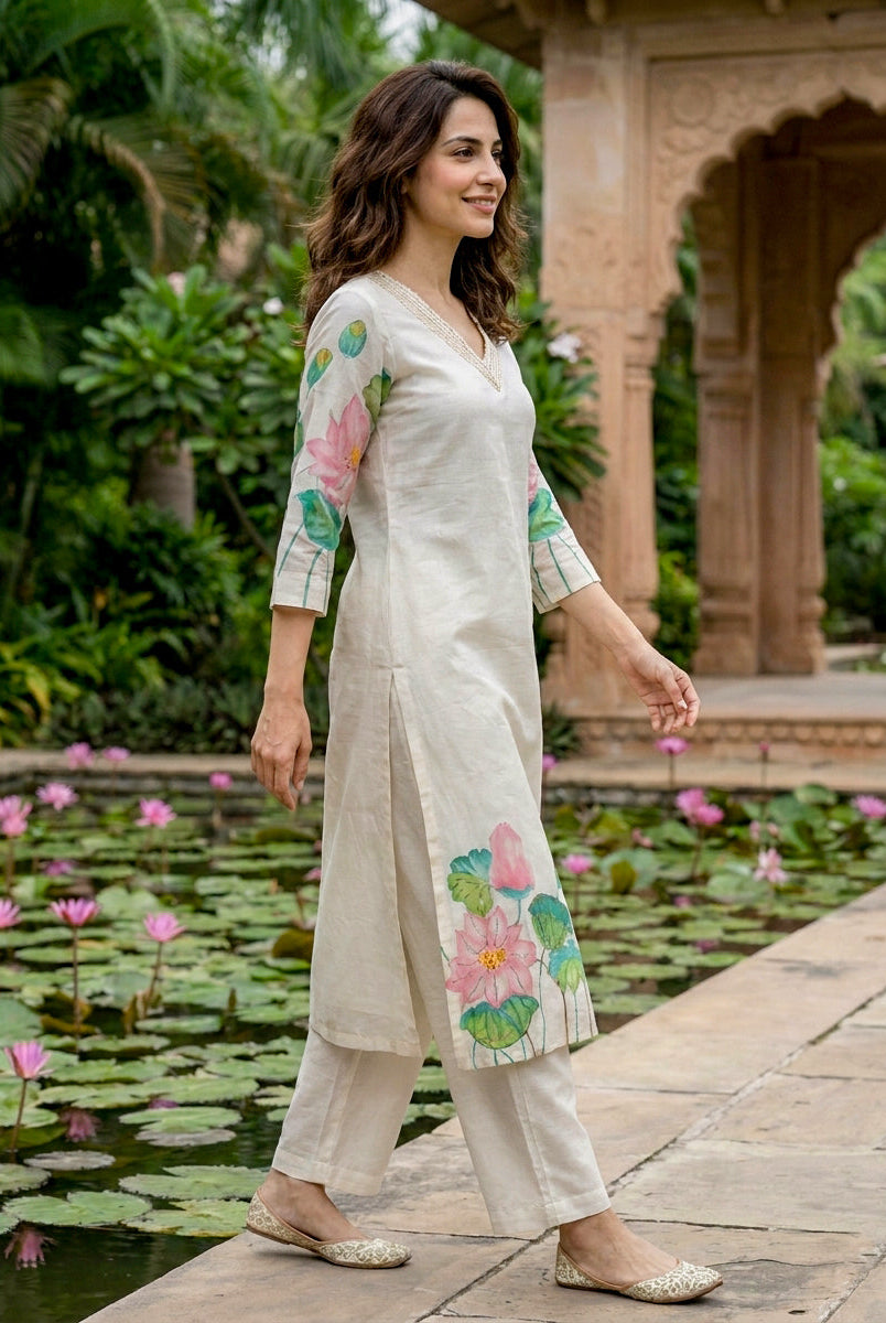 Ivory Hand-Painted Lotus Cotton Kurta with Pants & Chanderi Dupatta — view 4