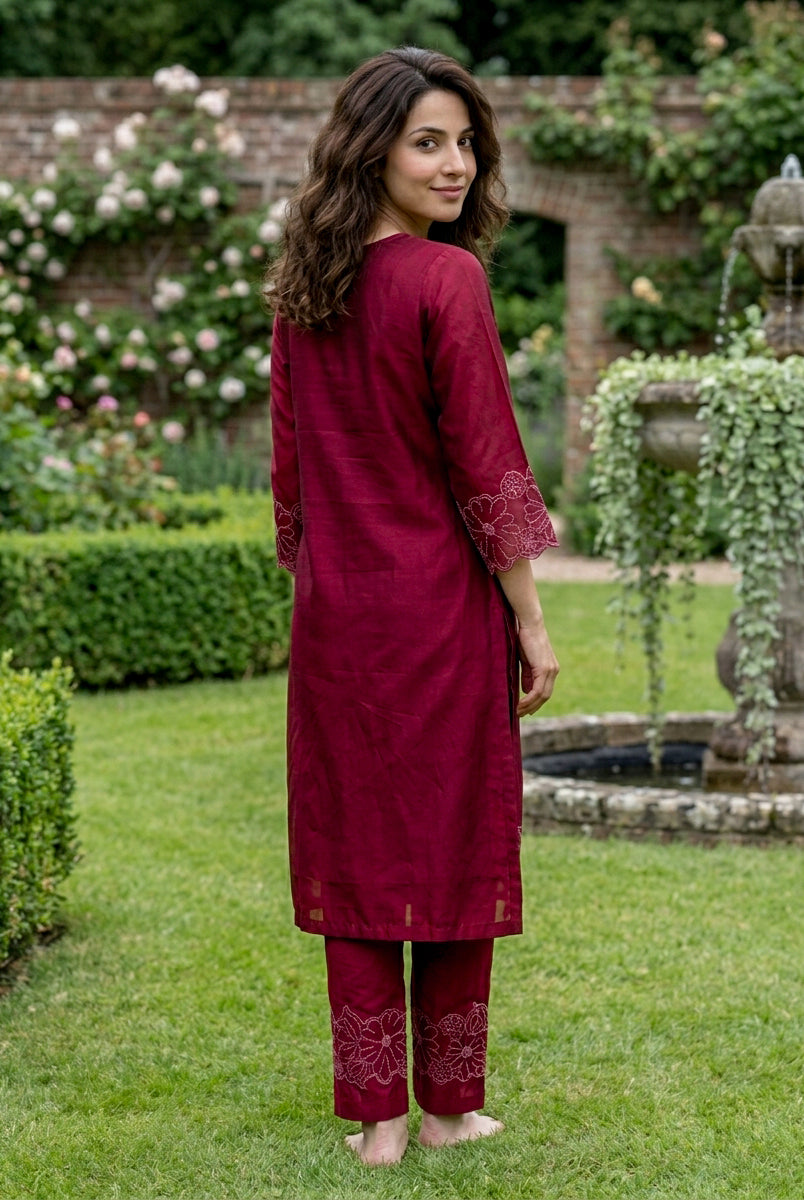 Wine Red Embroidered Chanderi Silk Suit Set with Pants & Dupatta — kurta back view