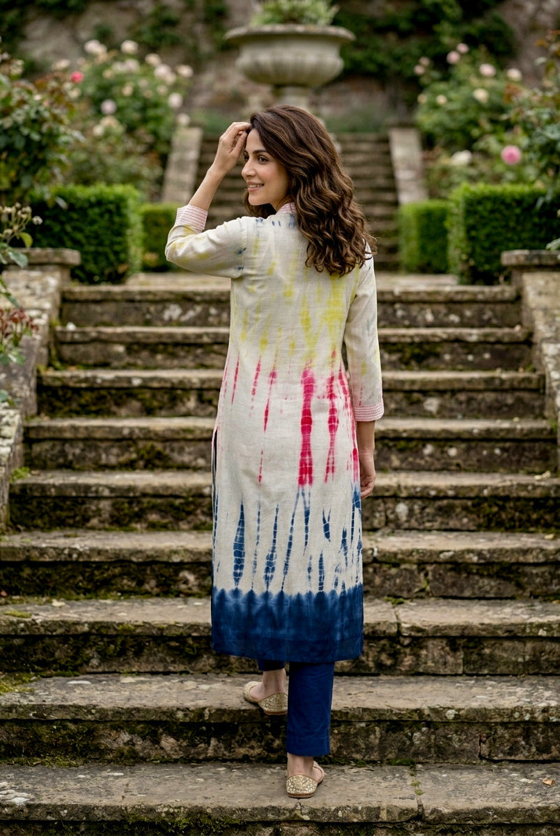 Ivory Tie-Dye Cotton Kurta with Blue Pants & Chanderi Dupatta — view 5