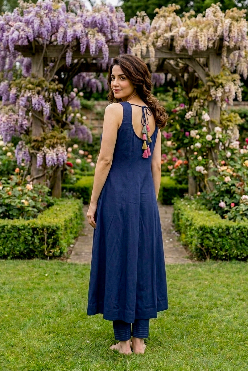 Indigo Modal Kurta with Pants & Mustard Chanderi Dupatta — view 4