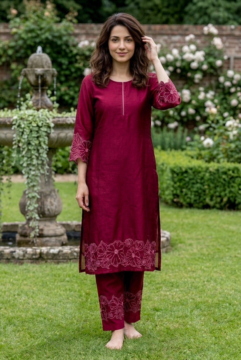 Wine Red Embroidered Chanderi Silk Suit Set with Pants & Dupatta — kurta front view