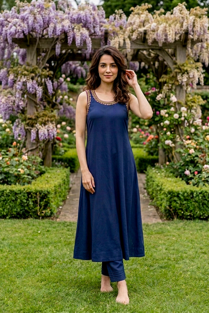 Indigo Modal Kurta with Pants & Mustard Chanderi Dupatta — view 2