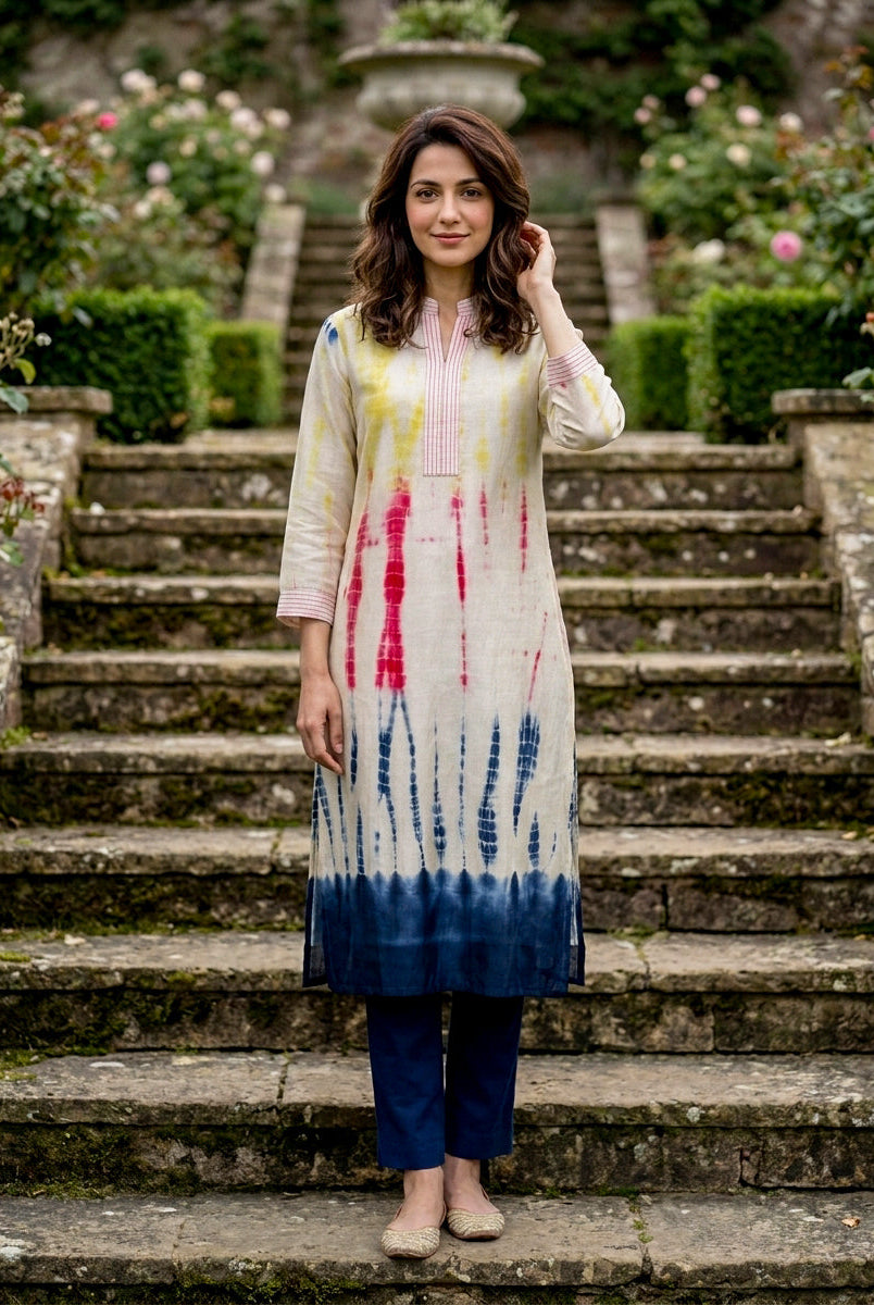 Ivory Tie-Dye Cotton Kurta with Blue Pants & Chanderi Dupatta — view 2