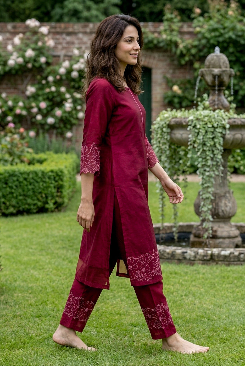 Wine Red Embroidered Chanderi Silk Suit Set with Pants & Dupatta — kurta side view
