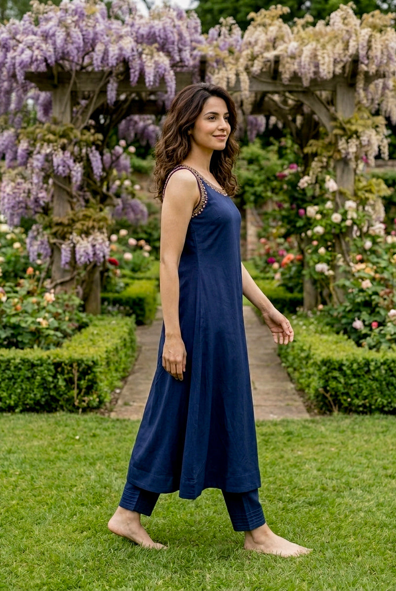 Indigo Modal Kurta with Pants & Mustard Chanderi Dupatta — view 3