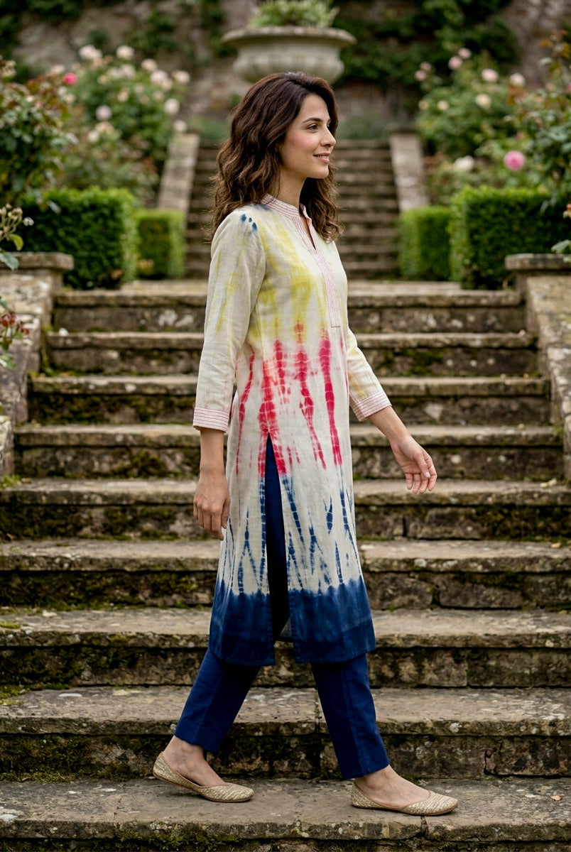 Ivory Tie-Dye Cotton Kurta with Blue Pants & Chanderi Dupatta — view 3