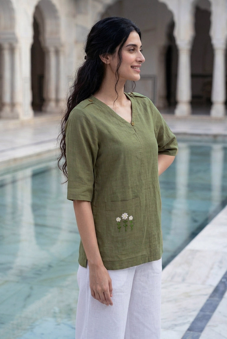 Olive Hand-Embroidered Cotton Slub V-Neck Top — side view