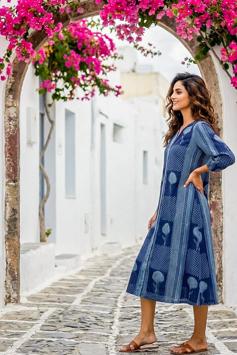 Indigo Handblock Cotton Dress with Round Collar — side view