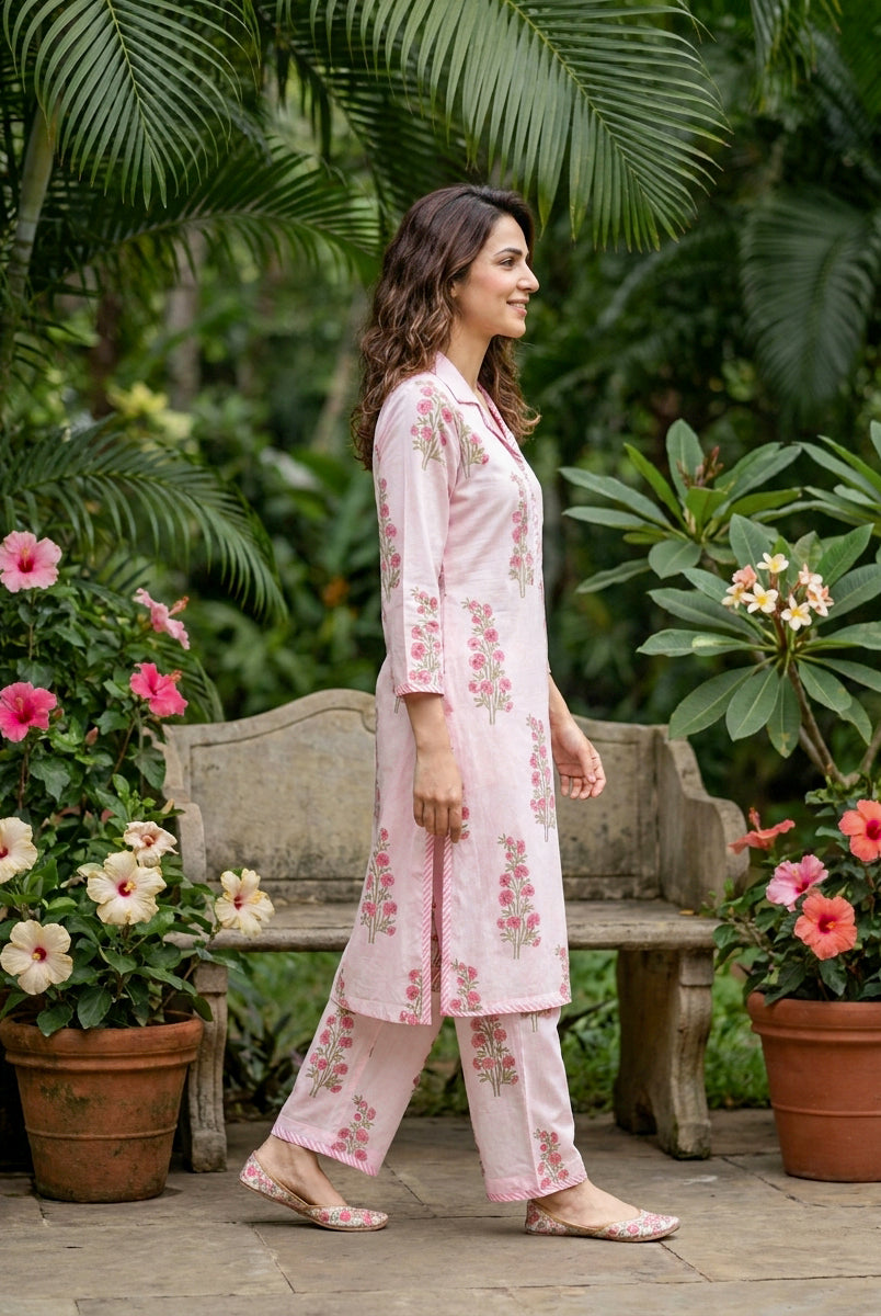 Baby Pink Floral Handblock Cotton Co-ord Set — side view