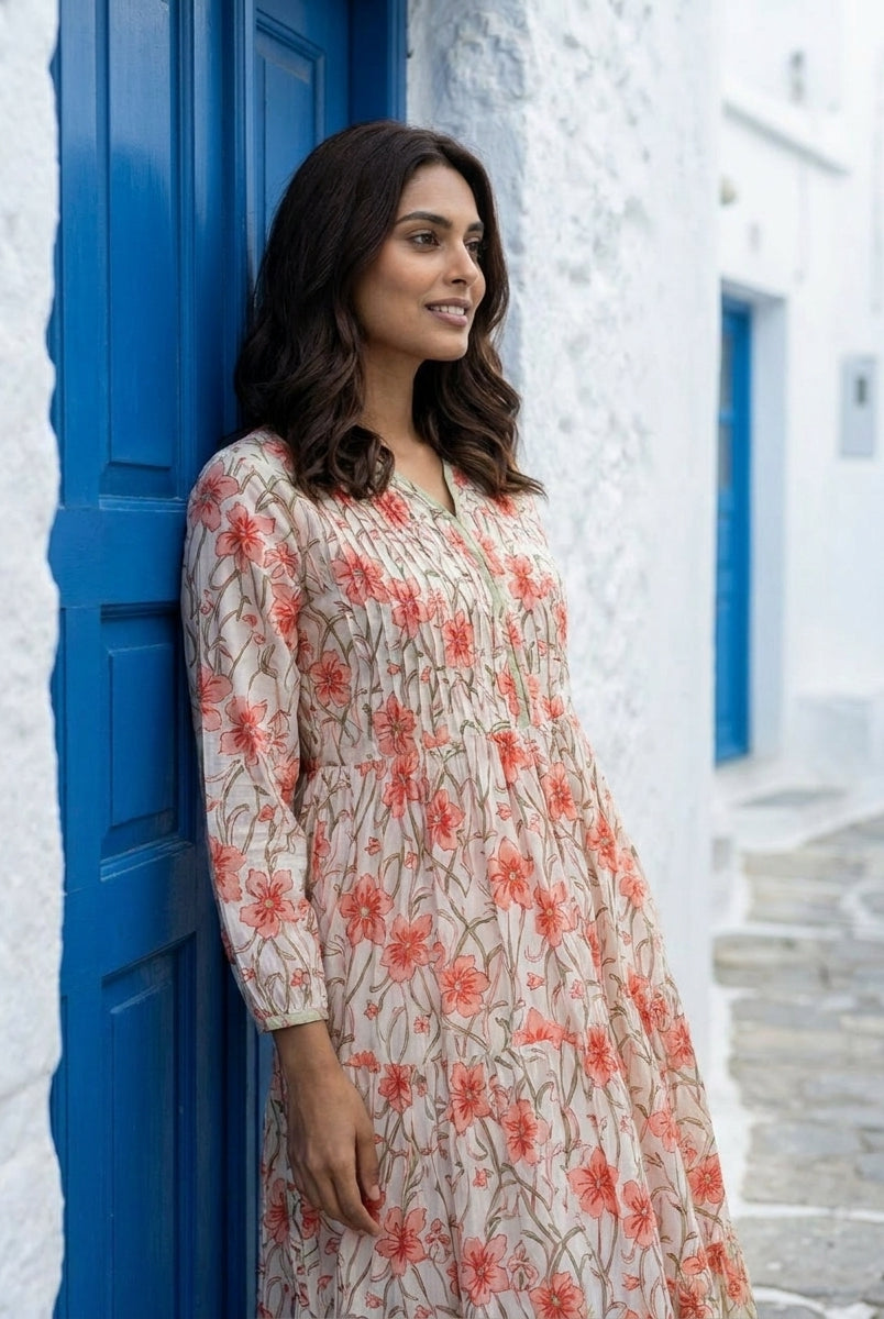 White & Peach Floral Handblock Tiered Cotton Dress — side view