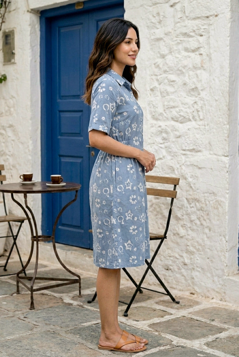 Blue Handblock Cotton Collar-Neck Straight Dress — side view