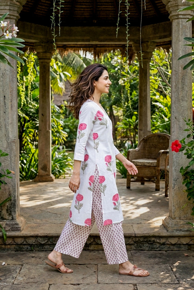 Ivory & Pink Rose Handblock Cotton Co-ord Set — side view