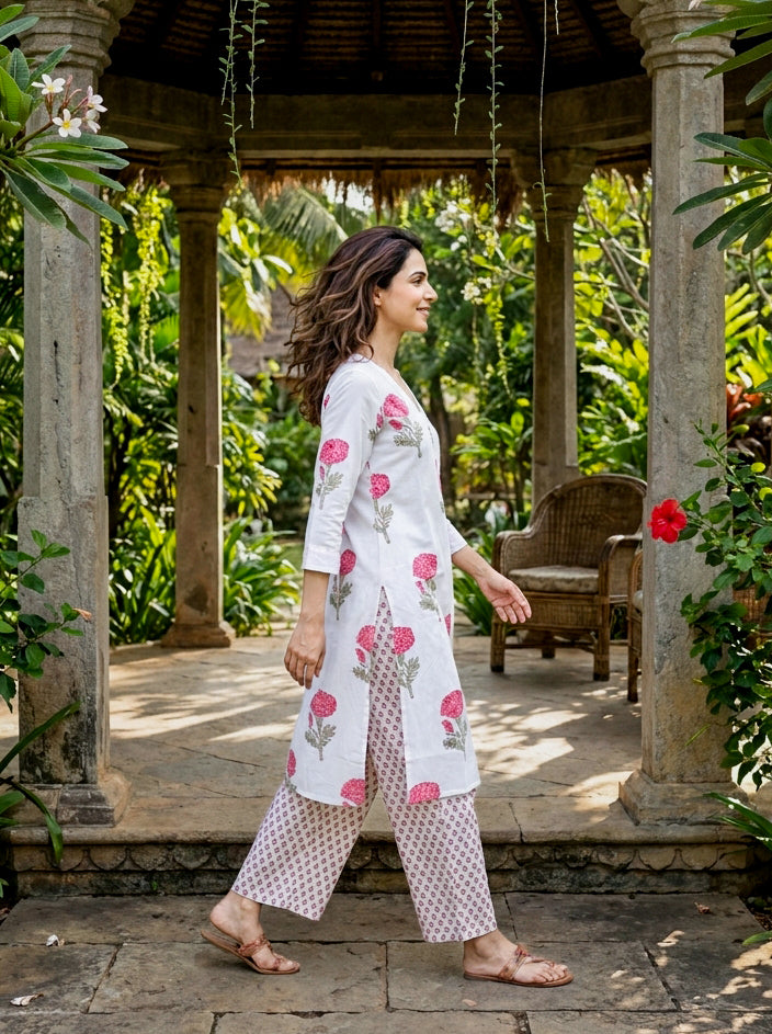 Ivory & Pink Rose Handblock Cotton Co-ord Set — side view