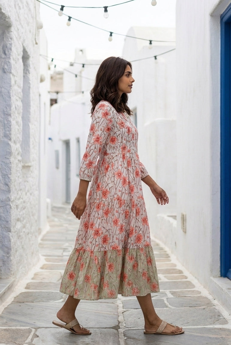 White & Peach Floral Handblock Tiered Cotton Dress — side view