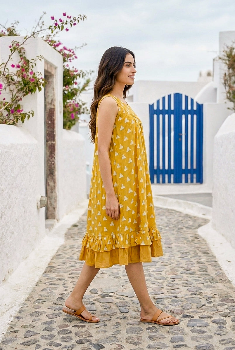 Yellow Handblock Sleeveless Cotton Dress with Frill Sweep — side view