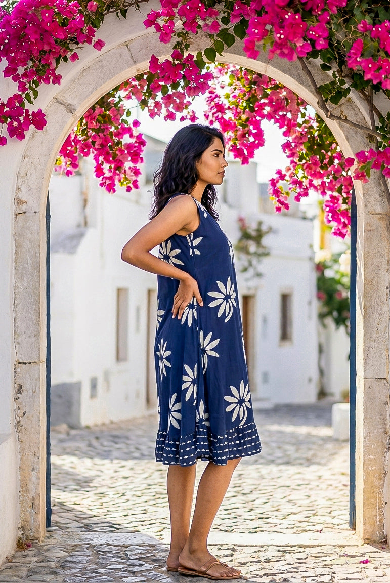 Indigo Handblock Sleeveless Cotton V-Neck Dress — side view