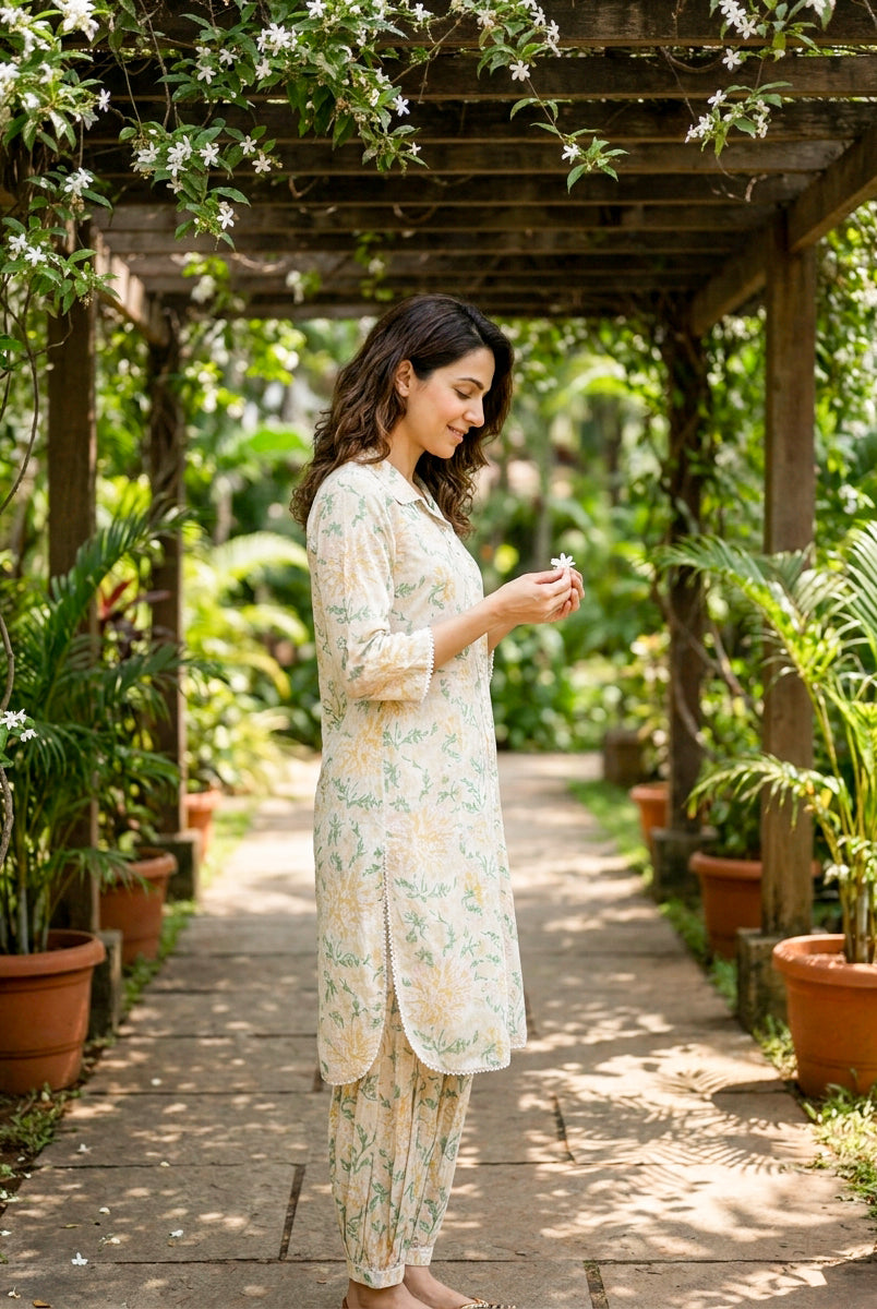 Ivory Botanical Handblock Cotton Co-ord Set — side view