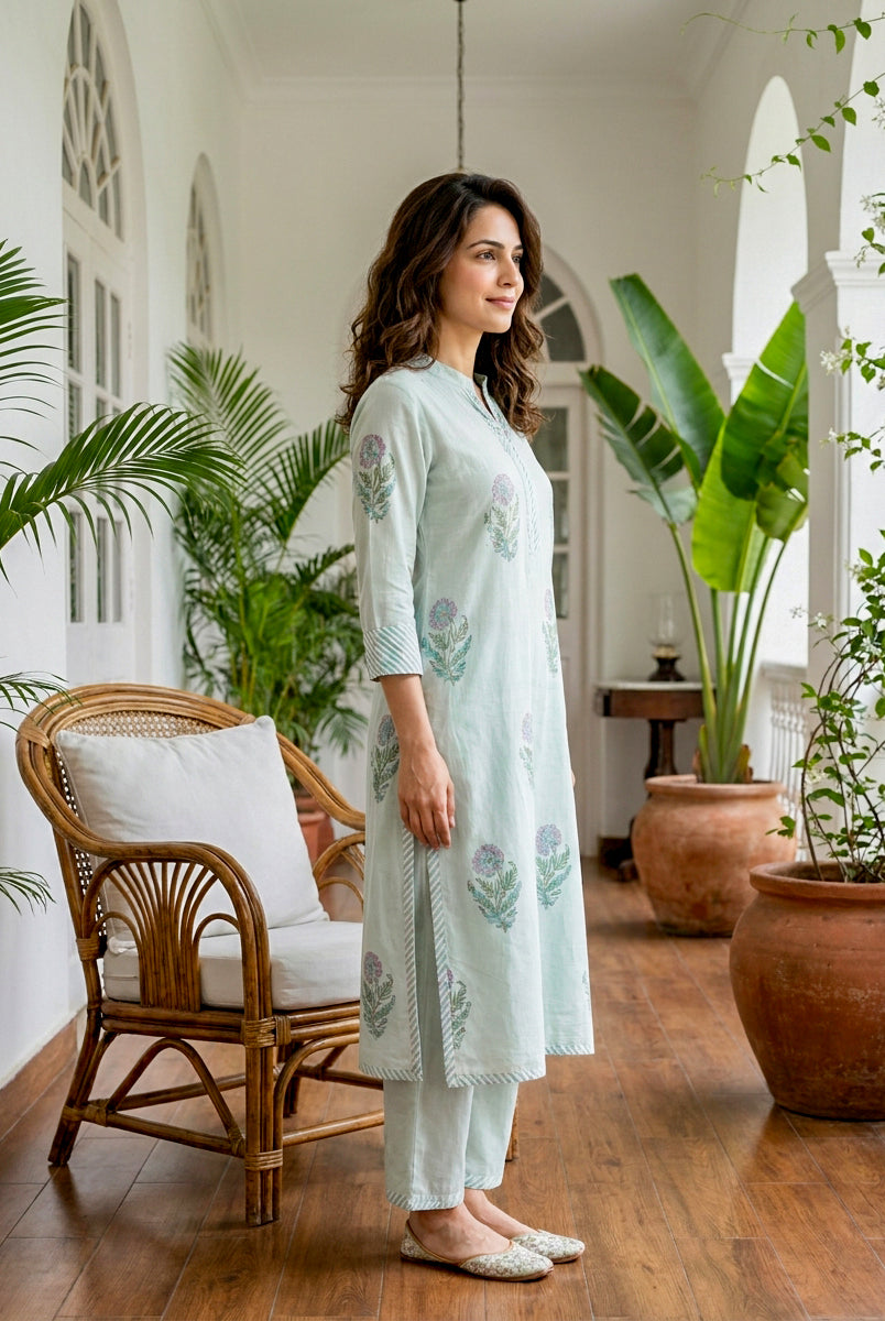 Mint Green Botanical Handblock Cotton Co-ord Set — side view