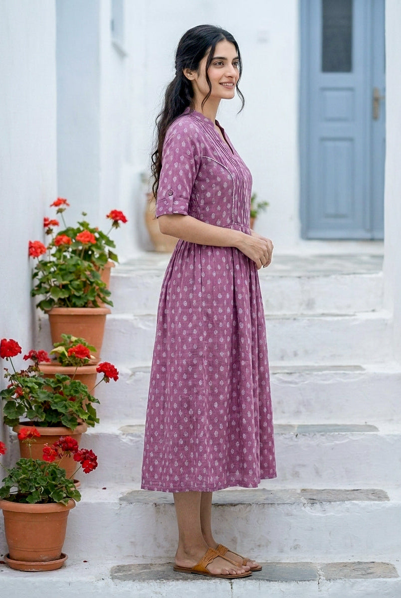 Purple Handblock Cotton Mandarin-Collar Dress with Elastic Back — side view