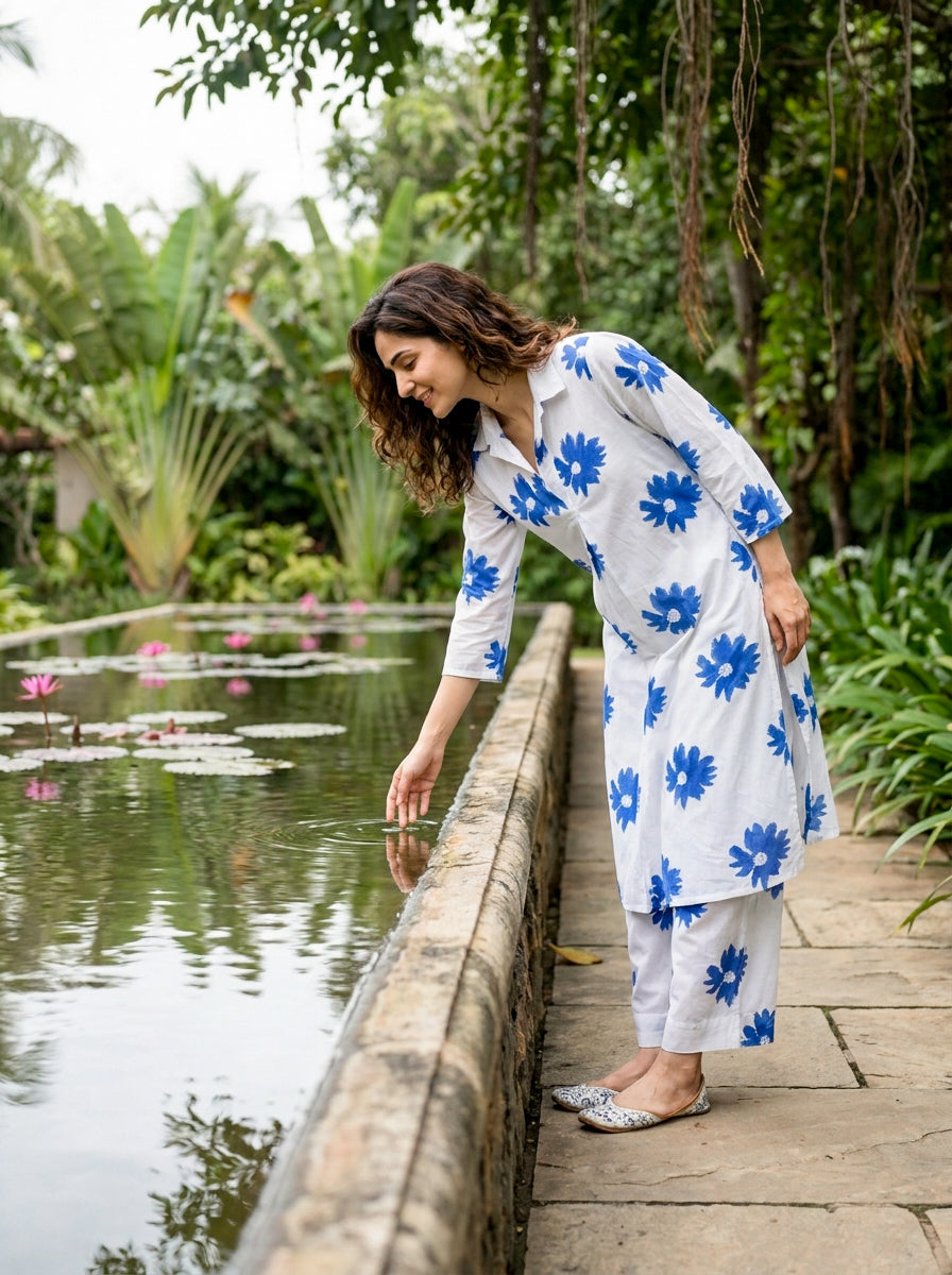 White & Cobalt Daisy Handblock Cotton Co-ord Set — side view