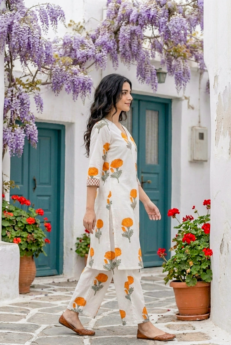 Ivory & Orange Marigold Handblock Cotton Co-ord Set — side view