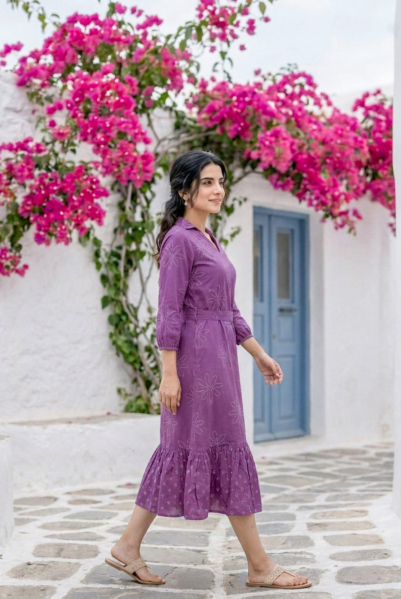Lilac Bandhej Handblock Cotton Collared Tiered Dress — side view