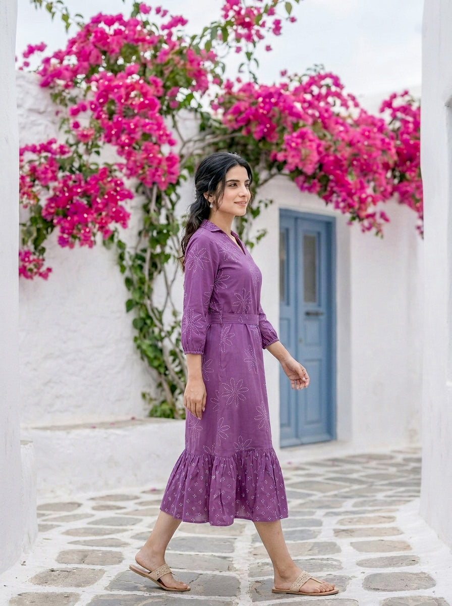Lilac Bandhej Handblock Cotton Collared Tiered Dress — side view