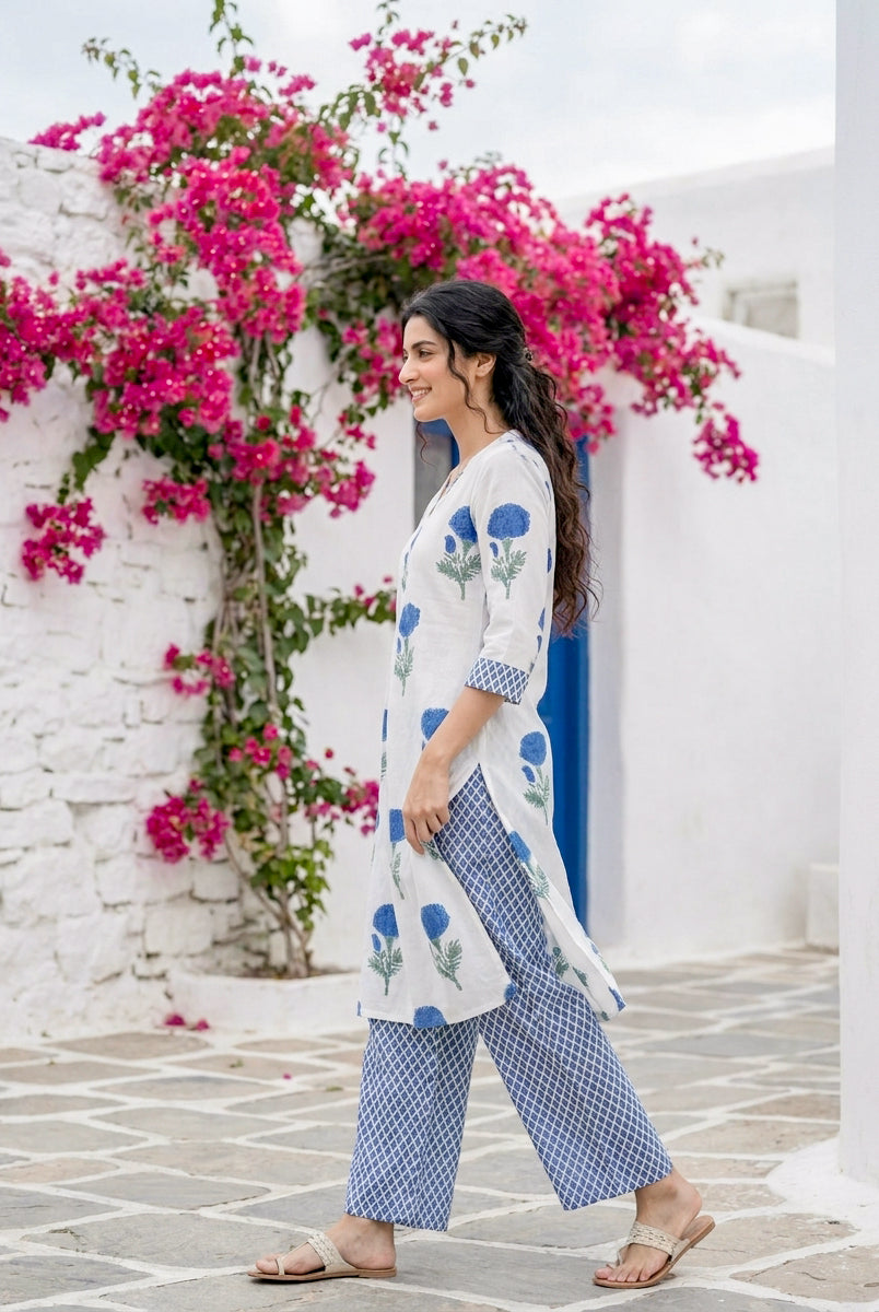 Ivory & Indigo Marigold Handblock Cotton Co-ord Set — side view