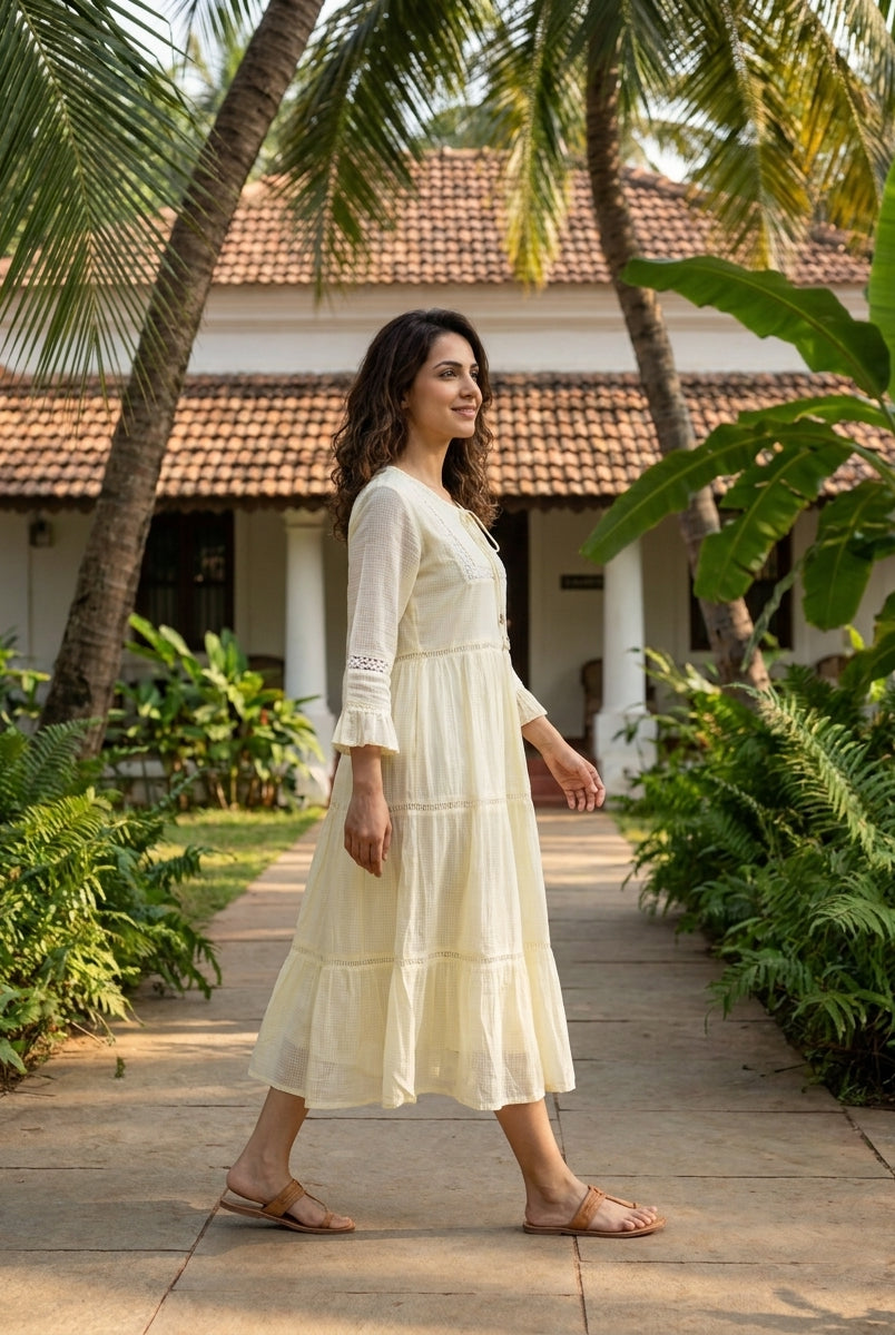 Ivory Kota Doria Tiered Cotton Dress with Lace Inserts — side view