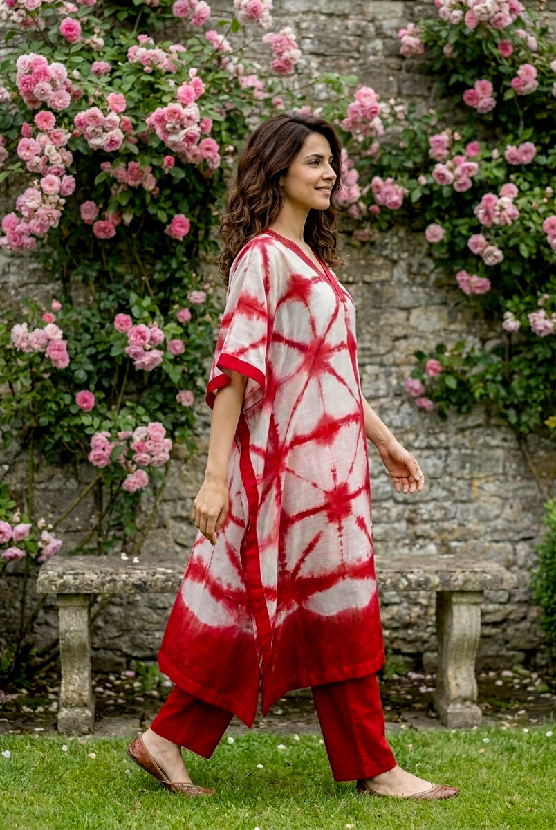 Coral Red Tie-Dye Cotton Kaftan with Pants — view 2