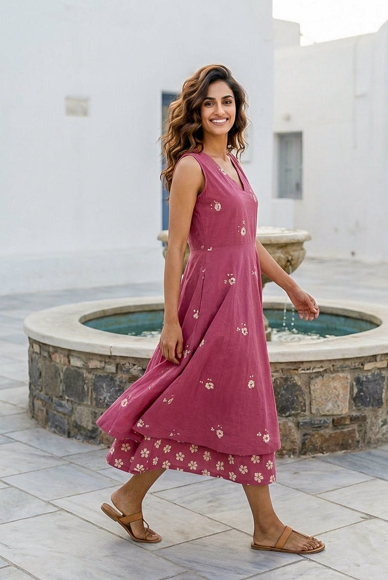 Pink Handblock Sleeveless Double-Layered Cotton V-Neck Dress — side view