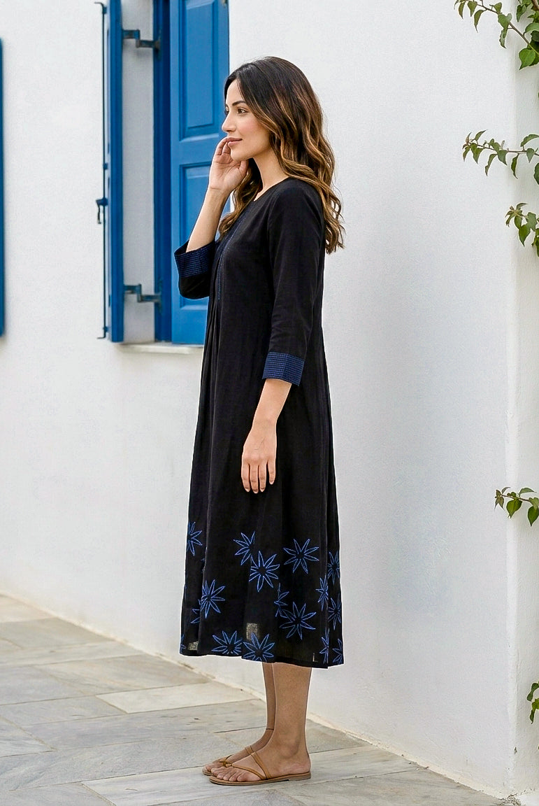 Black Handblock Cotton Round-Neck Flowy Dress — side view