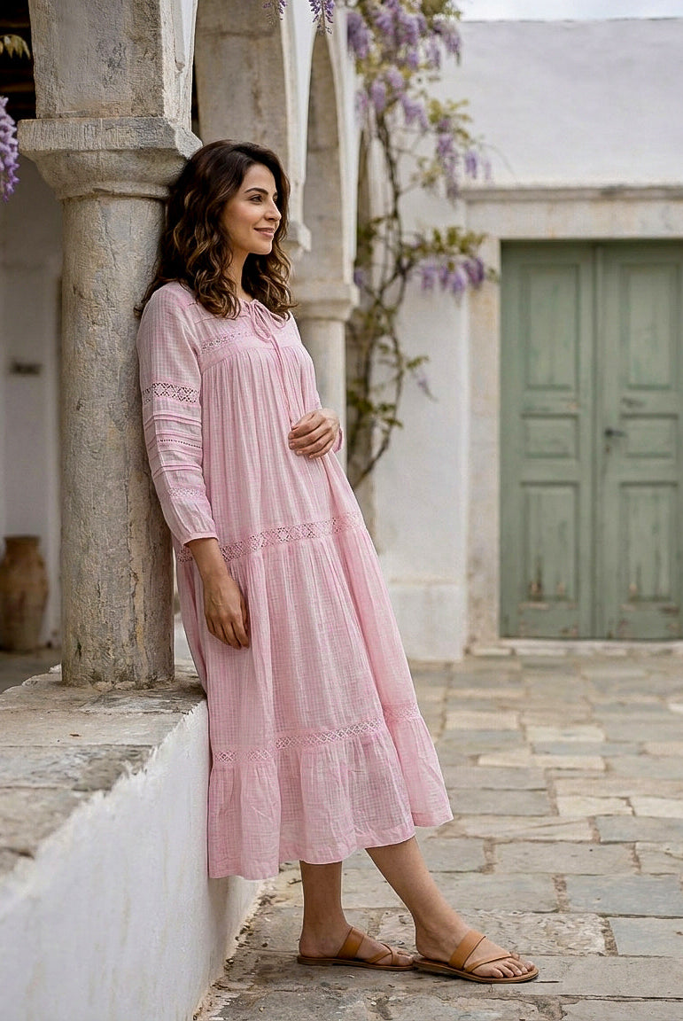 Pink Kota Doriya Round-Neck Dress with Lacey Sleeves — side view