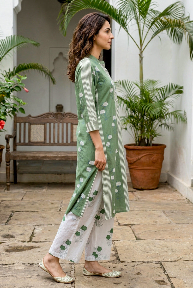 Sage Green Floral Handblock Cotton Co-ord Set with White Palazzo — side view