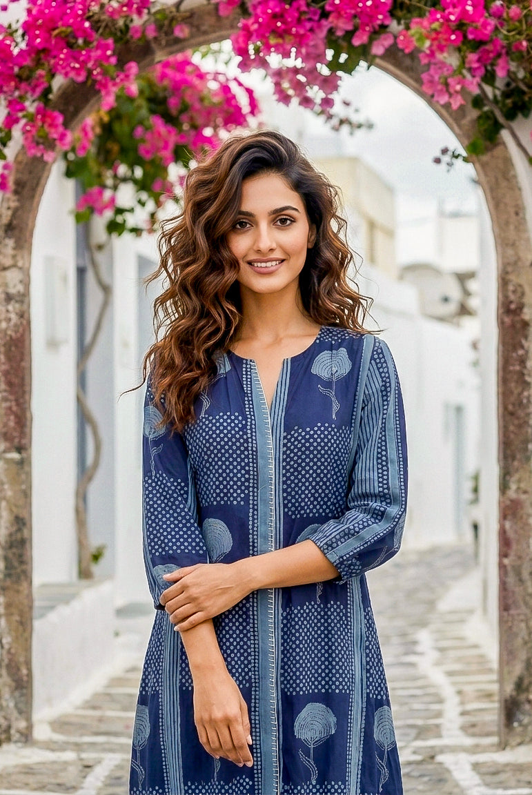 Indigo Handblock Cotton Dress with Round Collar — styled look
