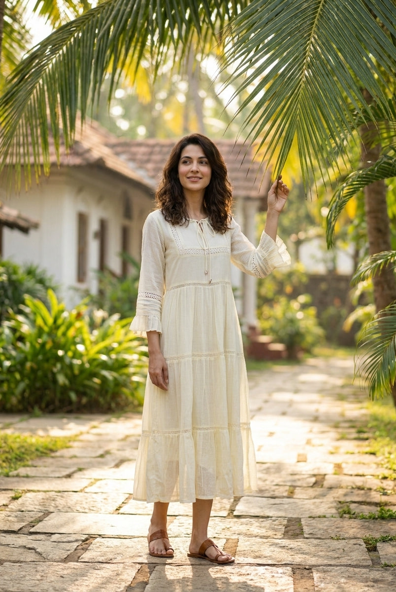 Ivory Kota Doria Tiered Cotton Dress with Lace Inserts — styled look