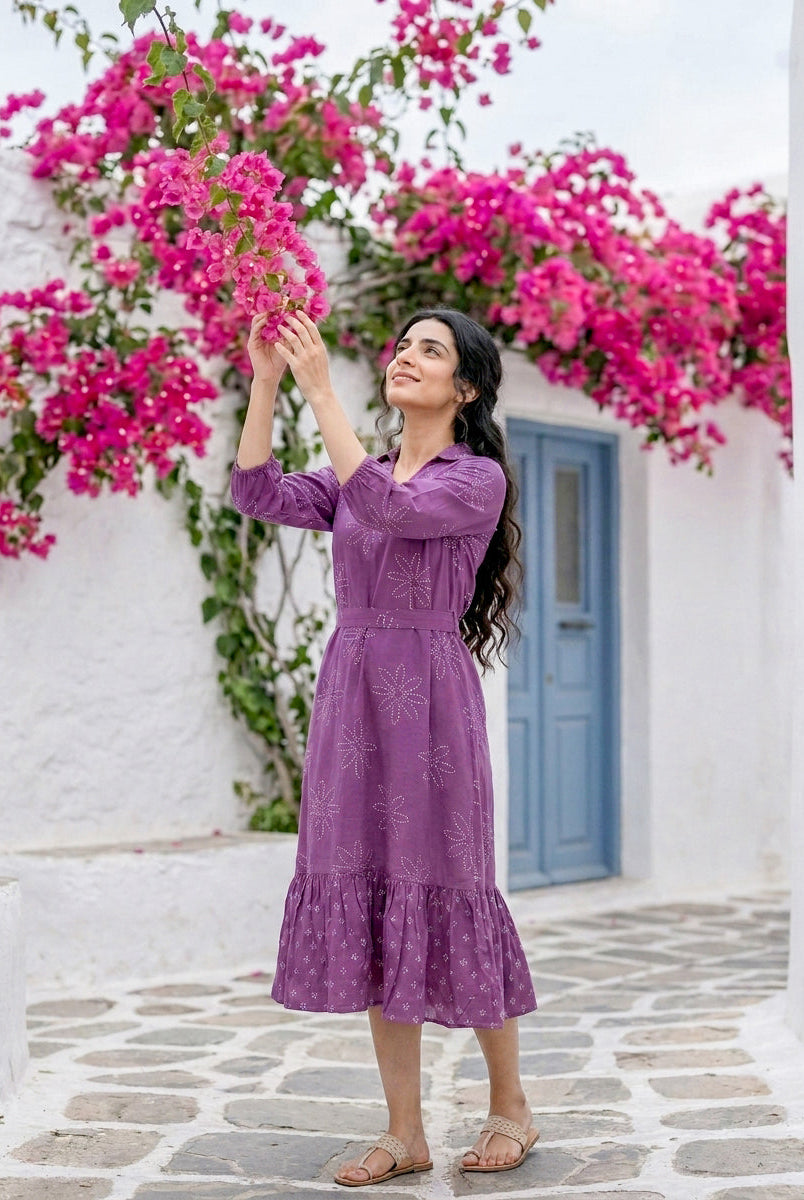Lilac Bandhej Handblock Cotton Collared Tiered Dress — styled look