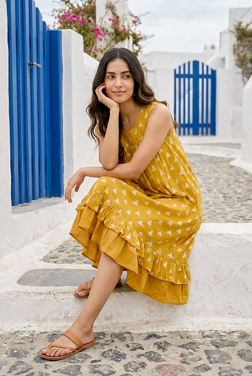 Yellow Handblock Sleeveless Cotton Dress with Frill Sweep — styled look