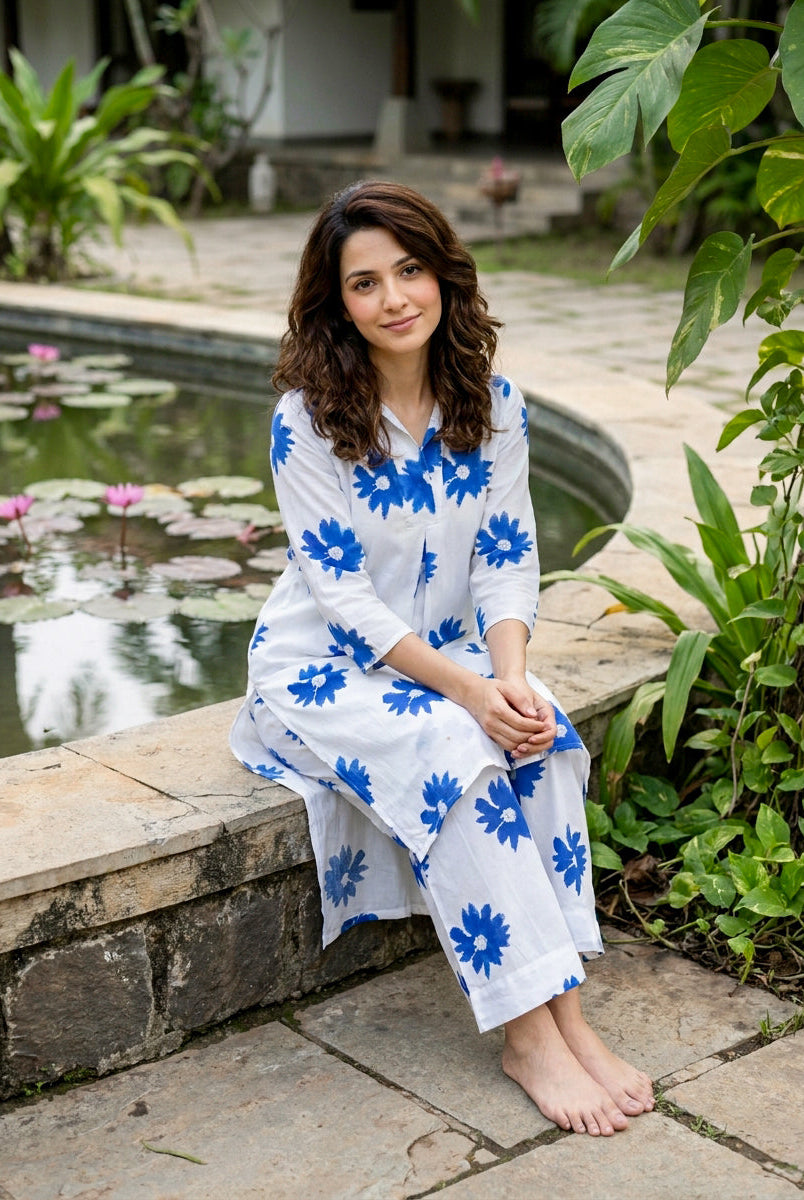 White & Cobalt Daisy Handblock Cotton Co-ord Set — styled look