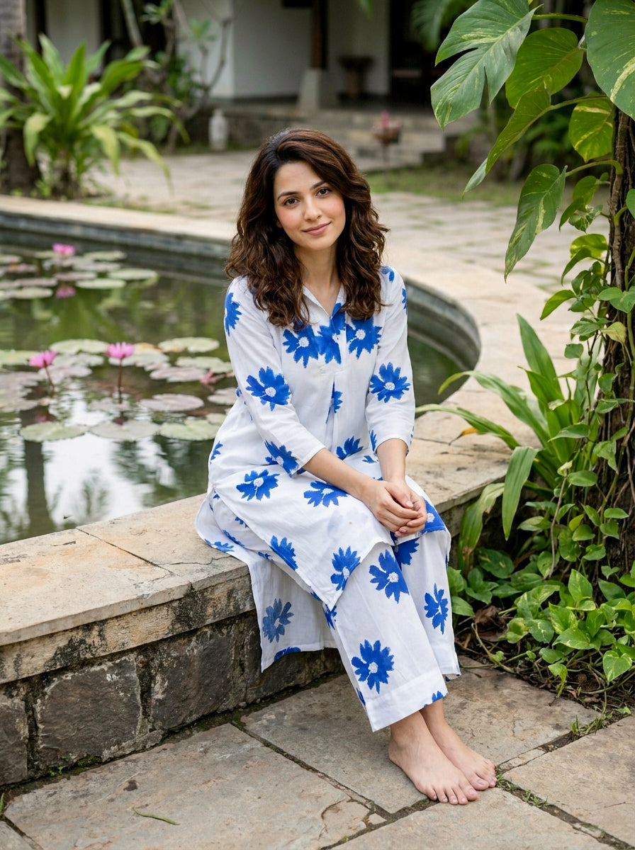White & Cobalt Daisy Handblock Cotton Co-ord Set — styled look