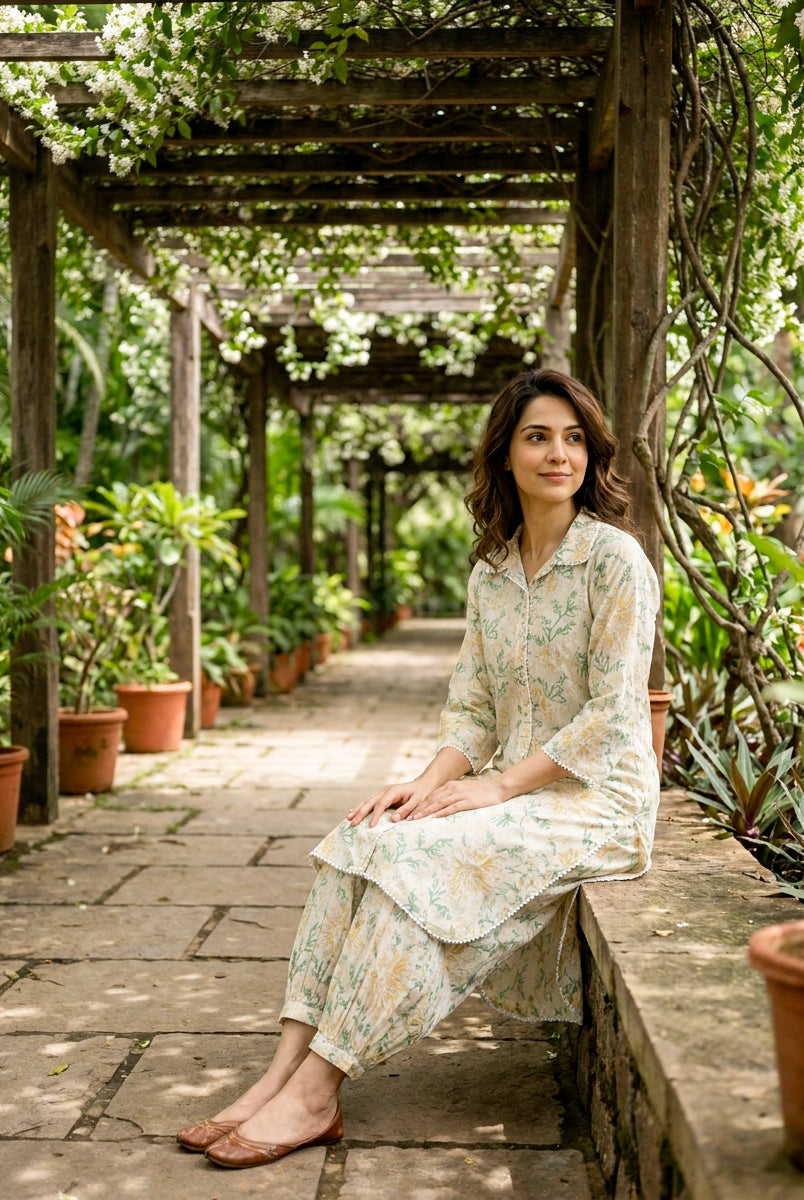 Ivory Botanical Handblock Cotton Co-ord Set — styled look