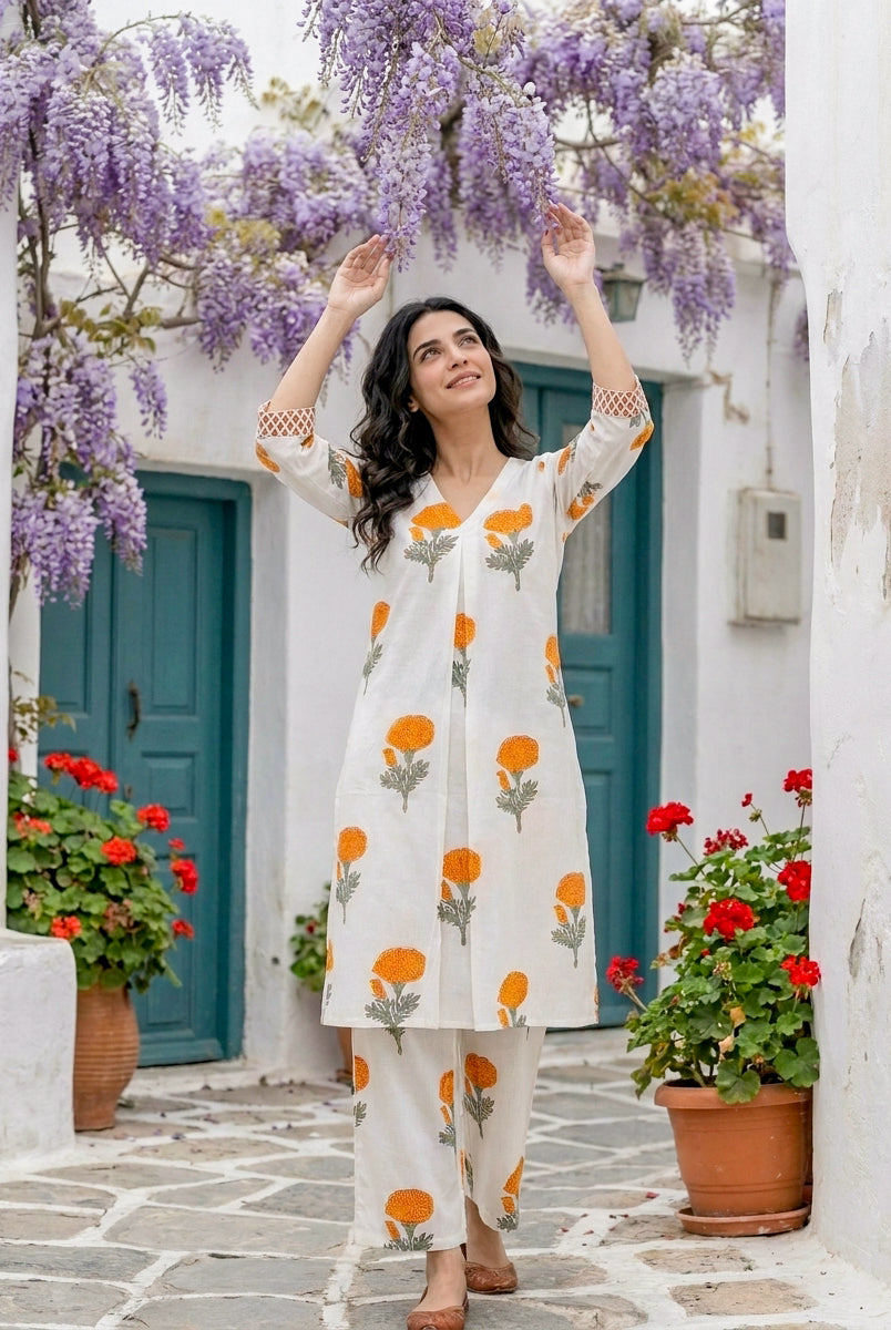 Ivory & Orange Marigold Handblock Cotton Co-ord Set — styled look