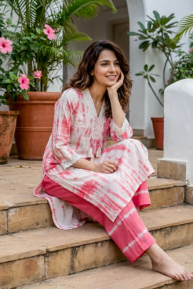 Coral Tie-Dye Cotton Co-ord Set with Lace Trim — styled look