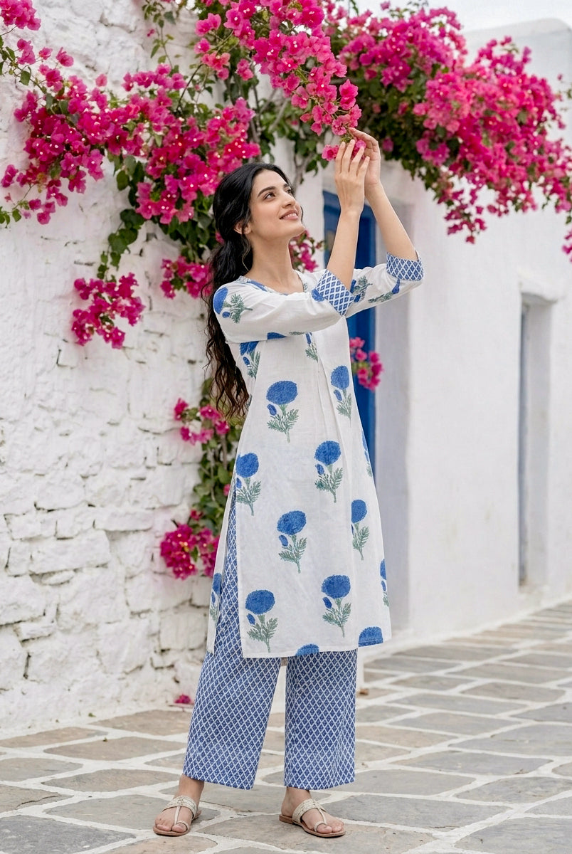 Ivory & Indigo Marigold Handblock Cotton Co-ord Set — styled look