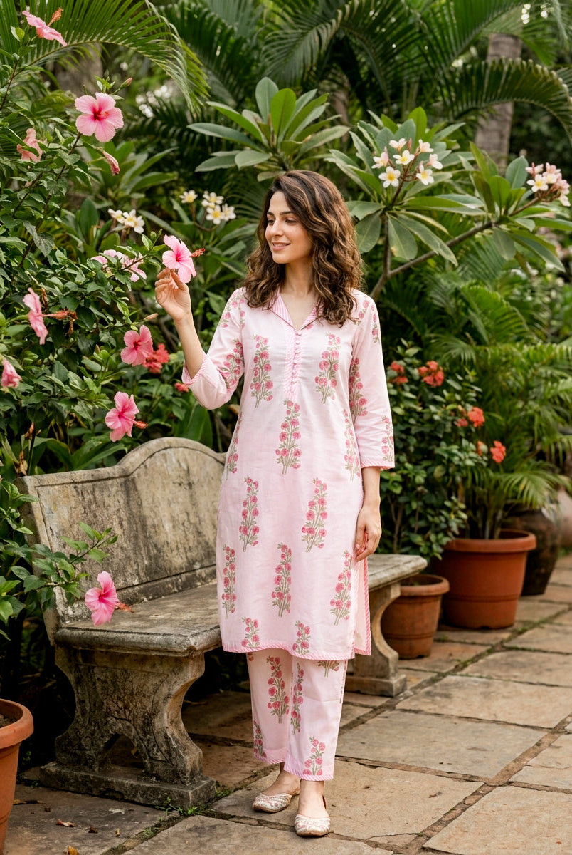 Front full look of model in baby pink floral handblock cotton co-ord set.