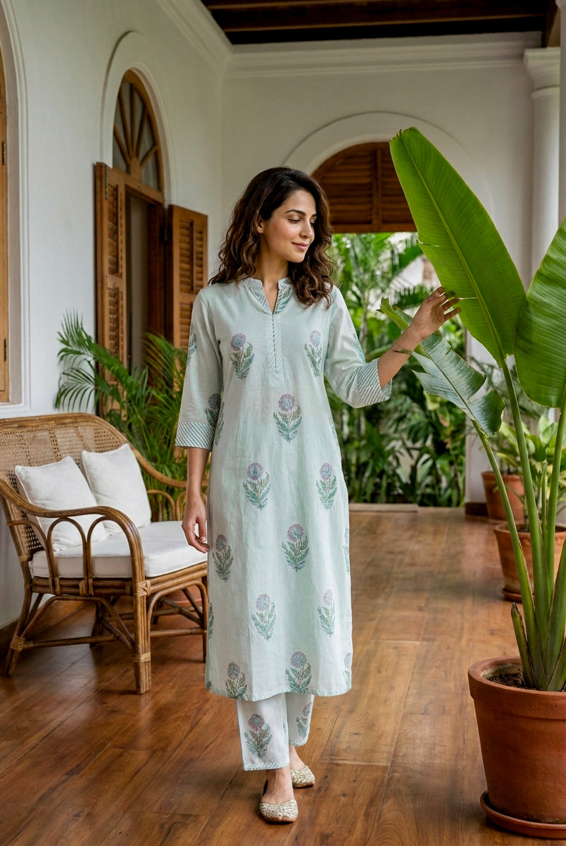 Mint Green Botanical Handblock Cotton Co-ord Set — styled look