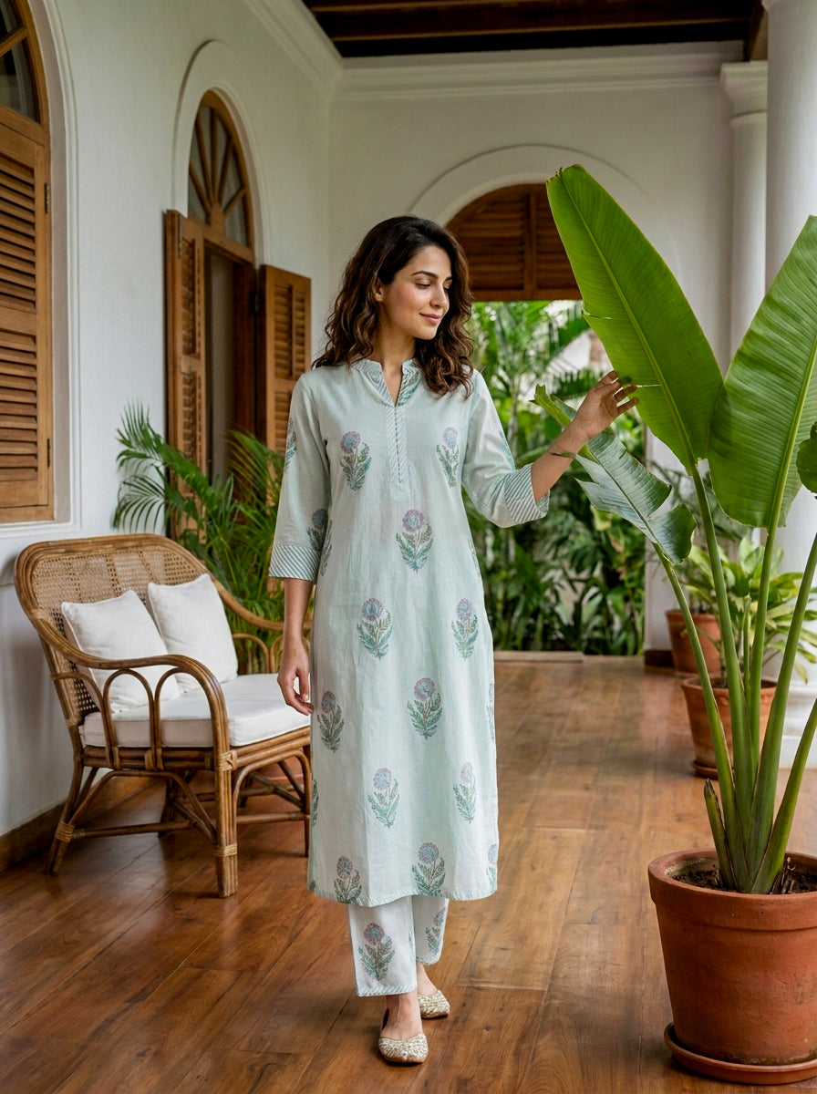 Mint Green Botanical Handblock Cotton Co-ord Set — styled look
