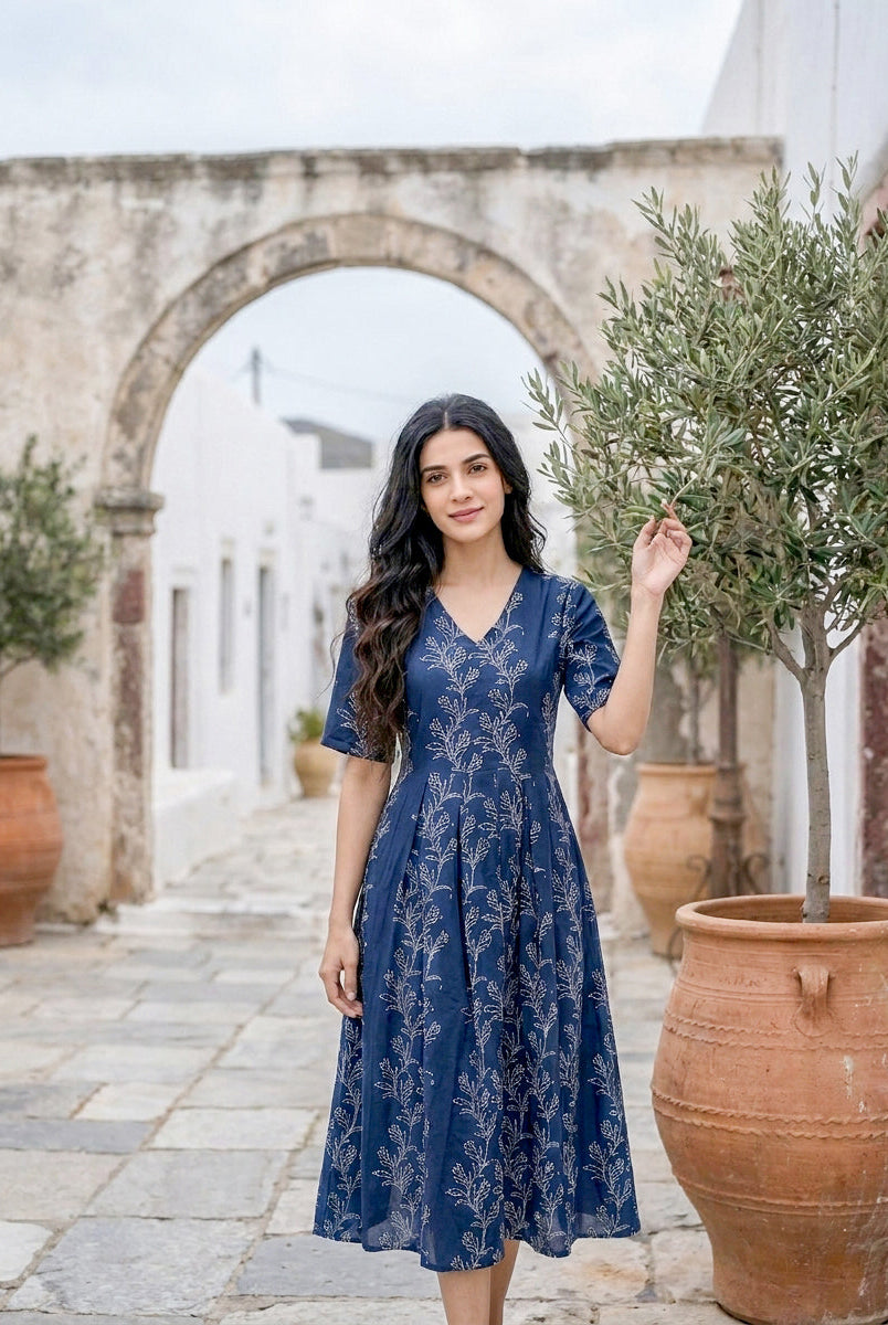 Front view model in indigo botanical handblock cotton fit-and-flare dress.