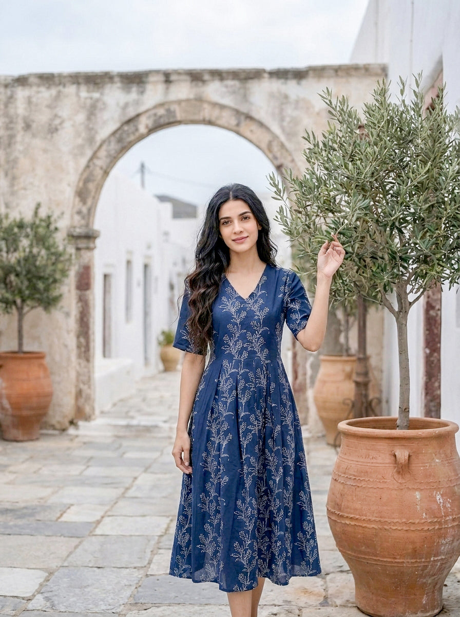 Indigo Botanical Handblock Cotton Fit-and-Flare Dress — styled look