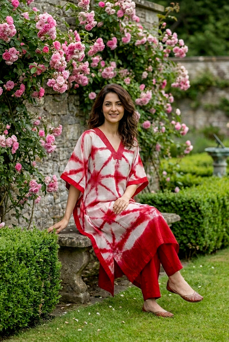 Coral Red Tie-Dye Cotton Kaftan with Pants — view 4